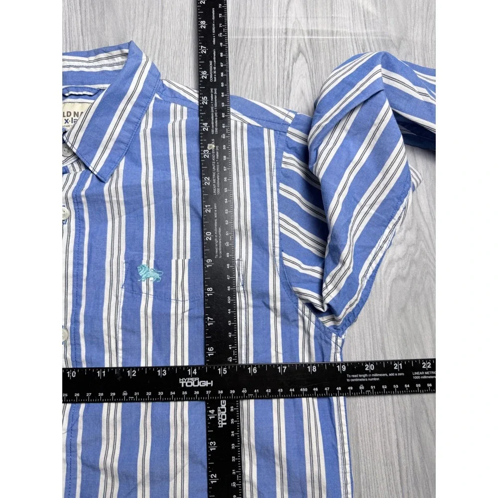 Old Navy Boys XL Blue White Striped Long Sleeve Button Down Shirt Lion